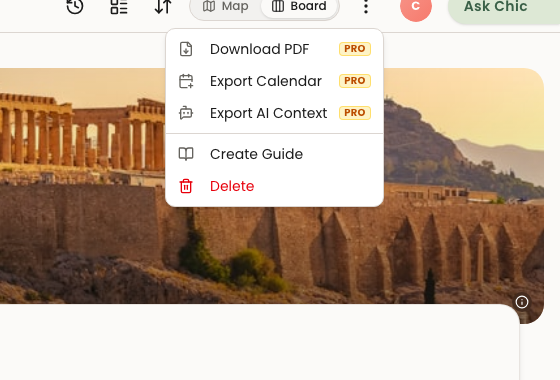 The trip export menu showing Download PDF, Export Calendar, and Export AI Context options