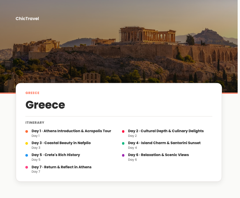 A printable PDF cover page for a Greece trip with the day-by-day itinerary
